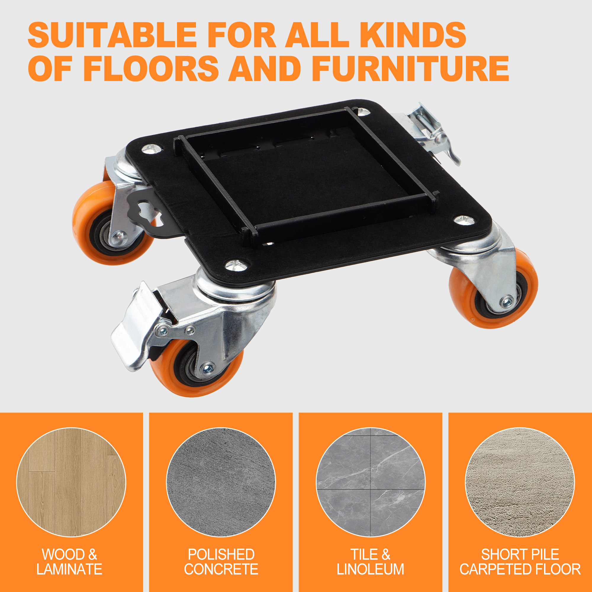 Furniture Movers with 4 Wheels, Carbon Steel Panel Heavy Duty Furniture Lift Mover Tool Set with 360°Rotatable Removable Side Guards Brake for Moving Sofa, Bed, Appliance (Load Capacity 2500LB