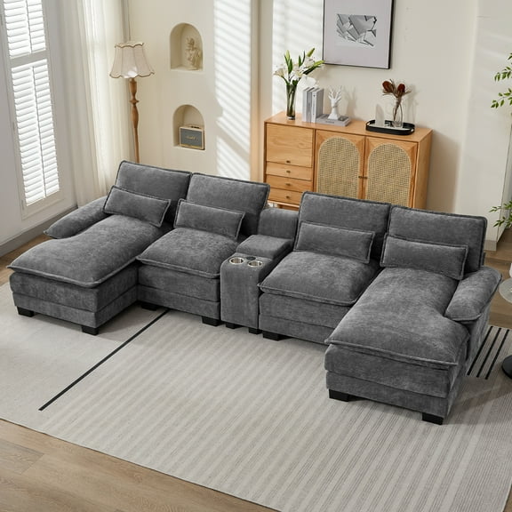 U-Shaped Chenille Sectional Sofa with Storage, USB Ports & Cup Holders, Deep Seat Modular Living Room Couch with Lumbar Pillows, Modern U-Shaped Design,Grey
