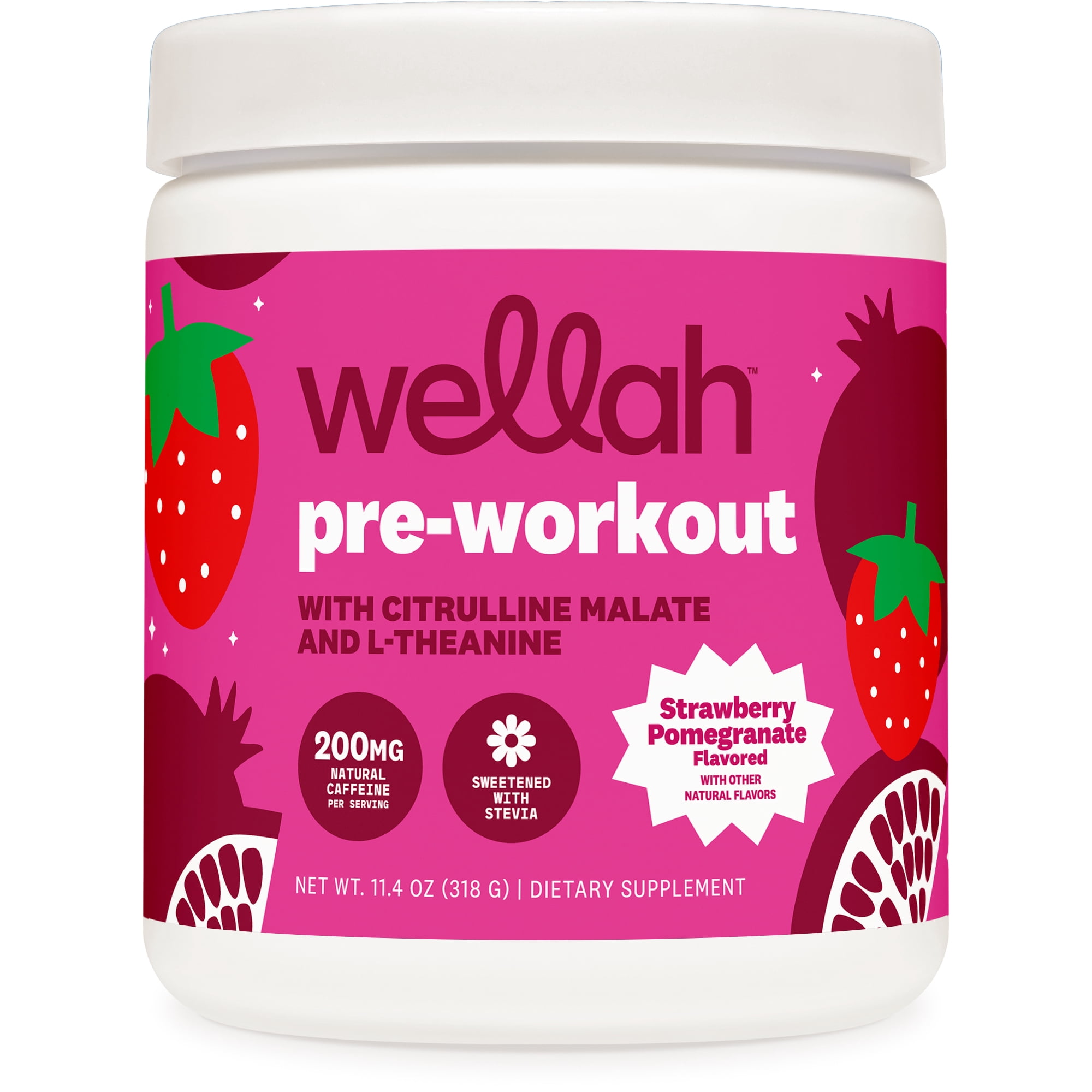 Wellah Pre-Workout Drink Mix (Strawberry Pomegranate Flavored, 30 Servings) - with Citrulline Malate and L-Theanine, 200mg of Natural Caffeine & 1000mg of Beta-Alanine