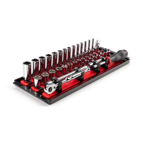 TEKTON 1/4 Inch Drive Shallow and Deep 12-Point Socket and Ratchet Set with Rails and Tray, 35-Piece (4 - 15 mm) | SKT03202