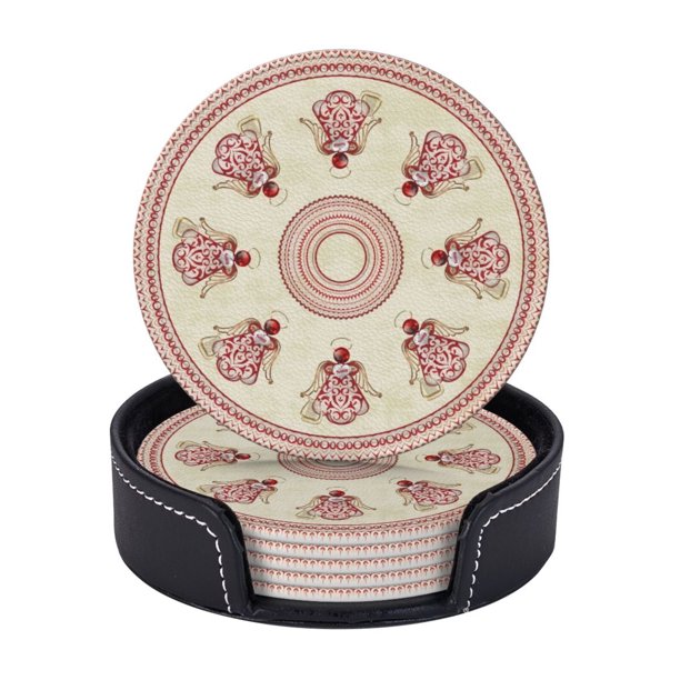 Posavasos de cuero de 6 piezas, posavasos rojos con diseño de ángel de la canción de Navidad dorado para bebidas, posavasos para tazas, regalo de inauguración de la casa, ideal para la decoración del