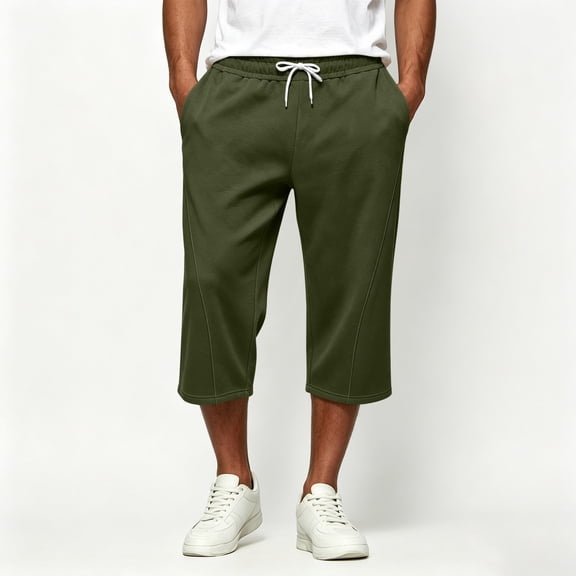 LEKWK Cropped Sweatpants for Men Wide Leg Capri Pants Soft Elastic Waist Casual Lounge Pants with Pockets for Workout Walking Streetwear Everyday Wear Army Green XXL