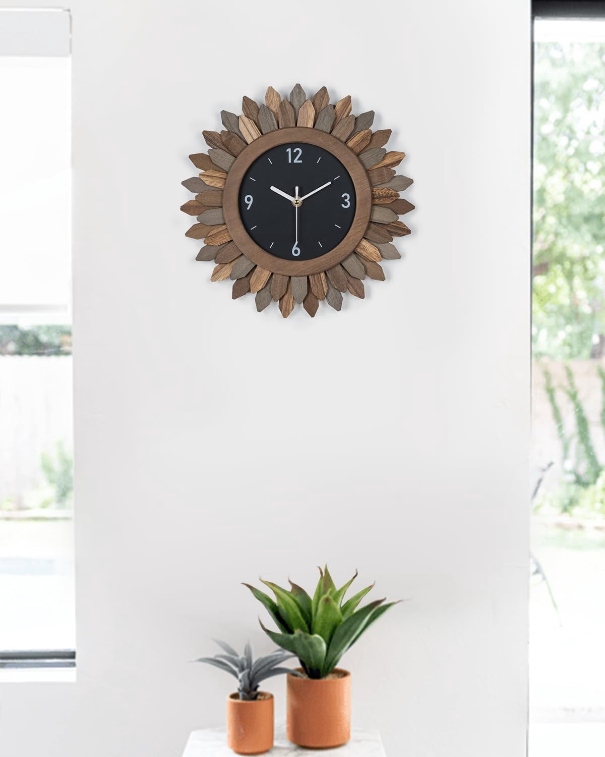 12 In Rustic Wood Boho Sunburst Decorative Wall Clock Silent Non Ticking Farmhouse Small Wall Clocks for Living Room Kitchen Bedroom Decor (Tricolor)