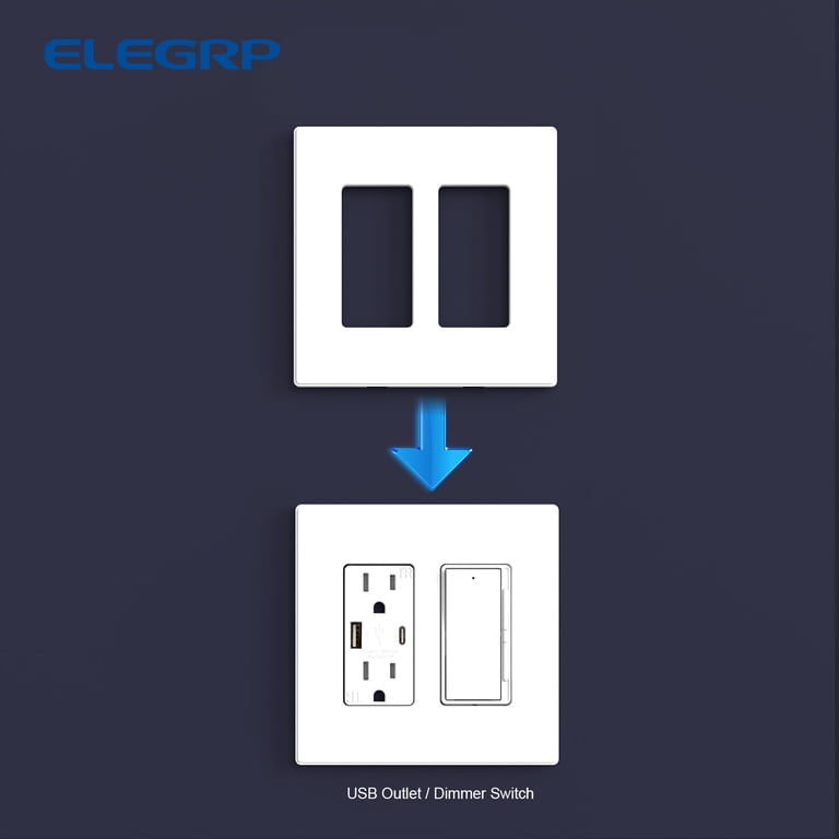 ELEGRP 2-Gang Screwless Wall Plates, Mid-Size Unbreakable Toggle Faceplate - Matte White (5 Pack)
