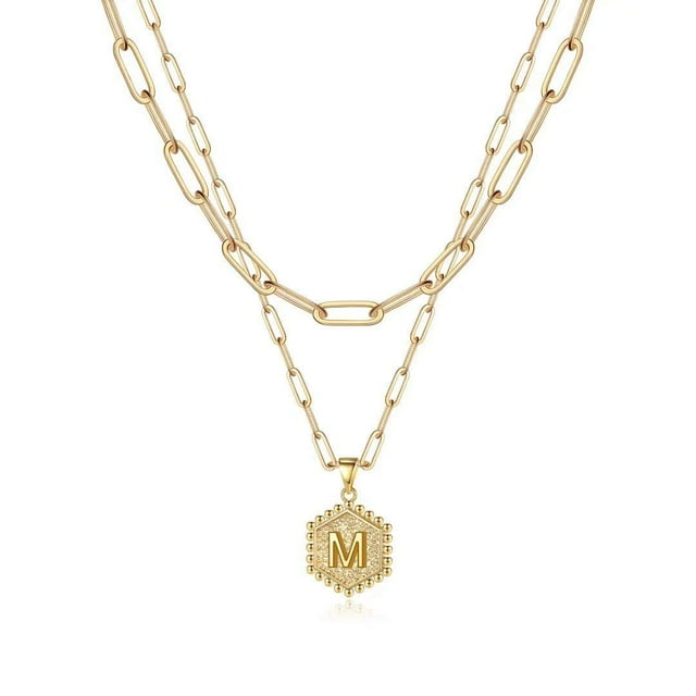 Colliers Initiaux Superposés pour Femmes, Collier Chaîne Trombone Simple Mignon Pendentif Lettre Hexagonale Collier Ras du Cou Initial Or Colliers Superposés pour Femmes, Or