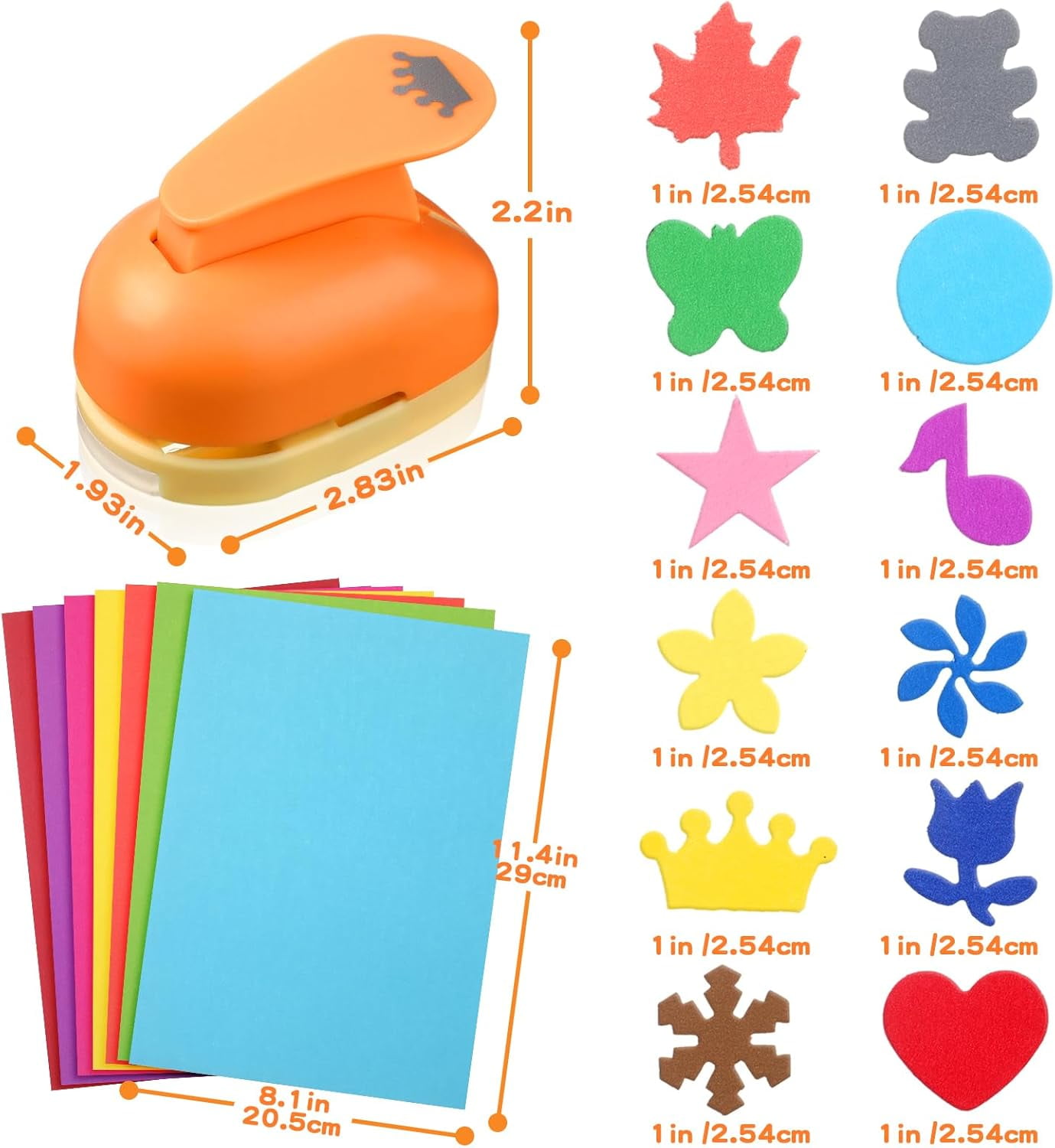 12 Pcs Craft Holes Punch Paper Punchers Scrapbook Punches with Craft Sticker Paper, Round, Maple Leaf, Star, Heart, Bear, Snowflake, Flower, Butterfly Shape, 1 Inch, 12 Shapes