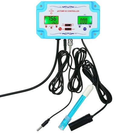 Professional 3 in 1 pH/EC/TEMP Water Quality Detector pH Controller with Relay Plug Repleaceable Electrode BNC Type Probe Water Quality Tester for Aquarium Hydroponics Tank Monitor 14.00pH /