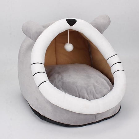 Cat Bed Warm Nest Dog Hut Kennel Plush Hooded Sleeping Pad Tent , Gray-M Gray or Yellow