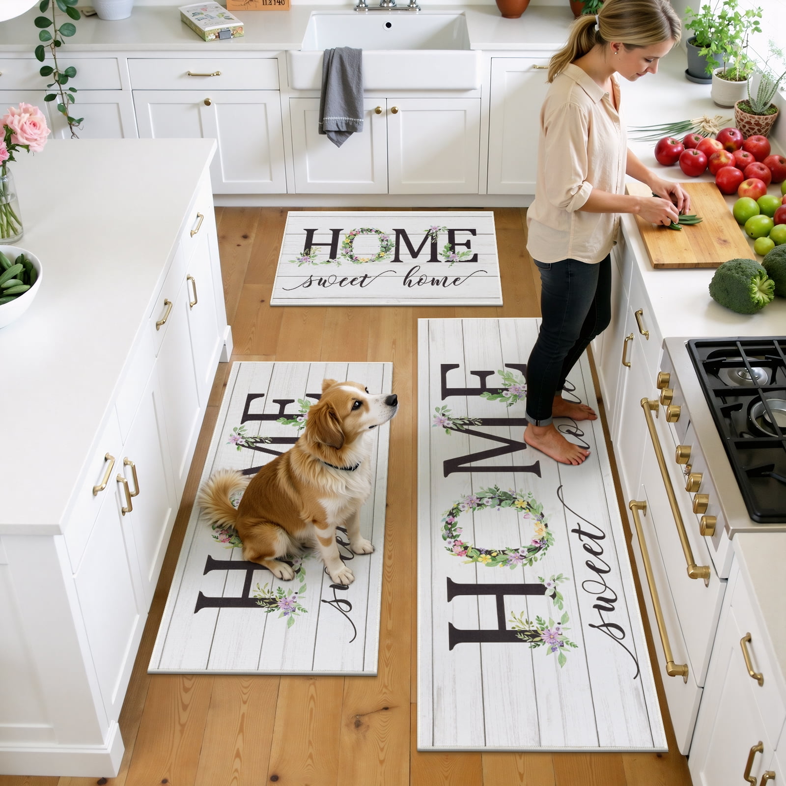 Vaukki Kitchen Rugs Sets of 3 Non Slip Washable Kitchen Mats for Floor,Waterproof Floor Mat Carpet for Kitchen,Laundry,Sink,White