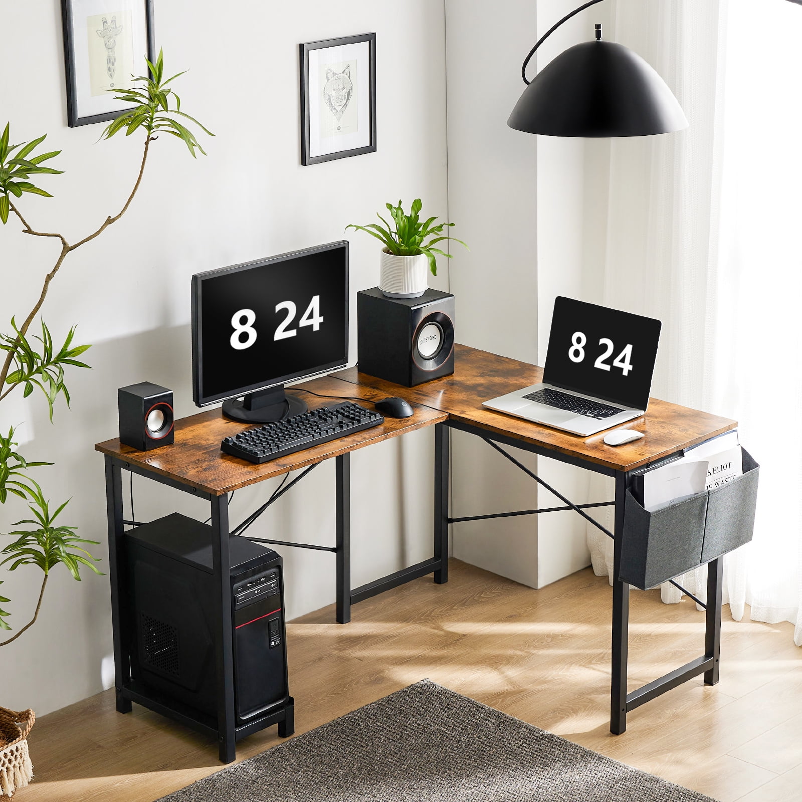 edx Modern L Shaped Office Desk with Wood Surface, Storage Bag and CPU Holder, Rustic Brown