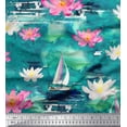 thumbnail image 1 of Soimoi Green Silk Fabric Yacht & Lotus Flower Print Fabric by The Yard 42 Inch Wide, 1 of 1
