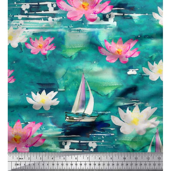 Soimoi Green Silk Fabric Yacht & Lotus Flower Print Fabric by The Yard 42 Inch Wide