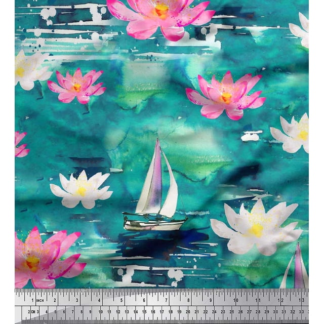 Soimoi Green Rayon Crepe Fabric Yacht & Lotus Flower Print Sewing Fabric BTY 46 Inch Wide