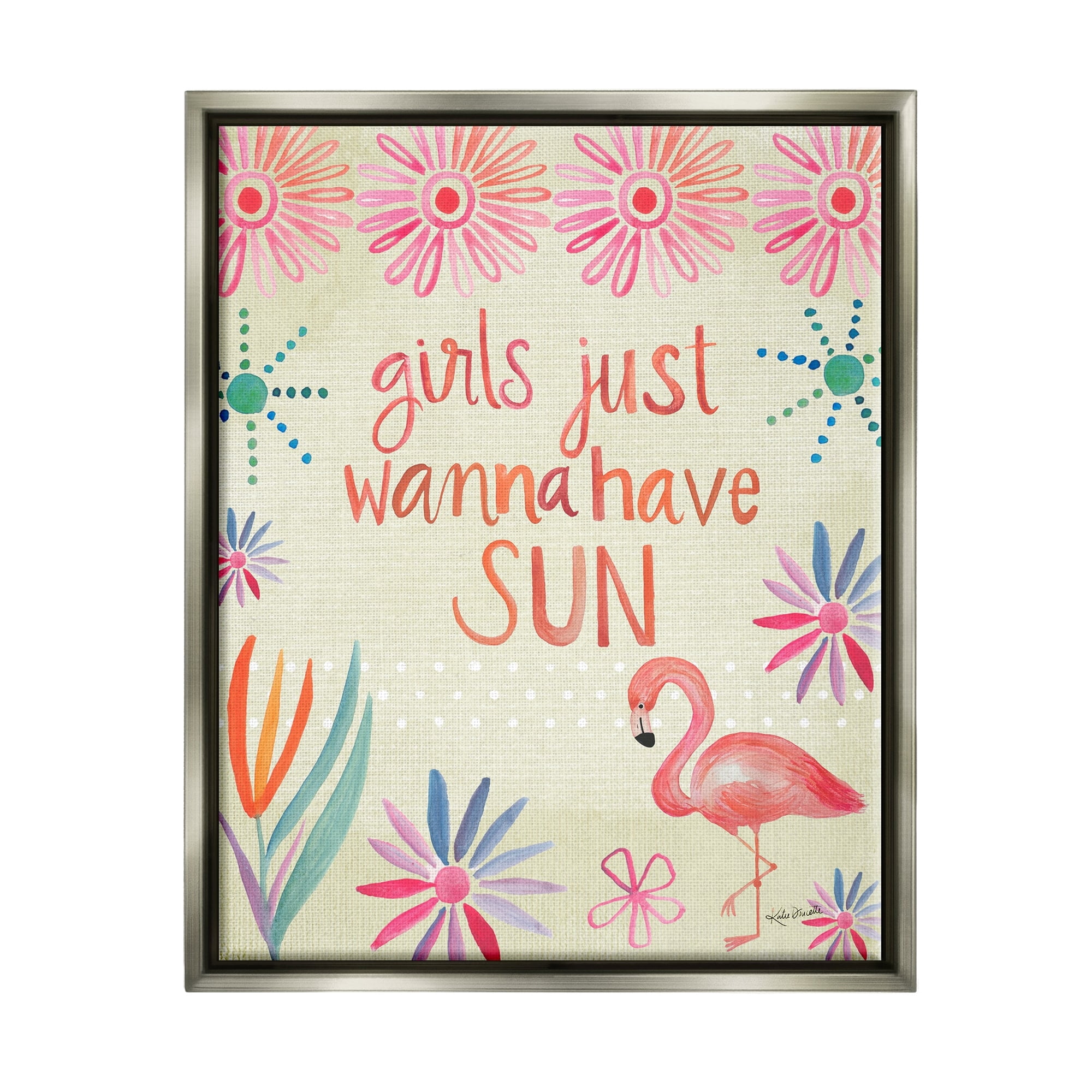 Stupell Industries Girls Wanna Have Sun Tropical Summer Floral Pattern Graphic Art Luster Gray Floating Framed Canvas Print Wall Art, Design by Katie Doucette