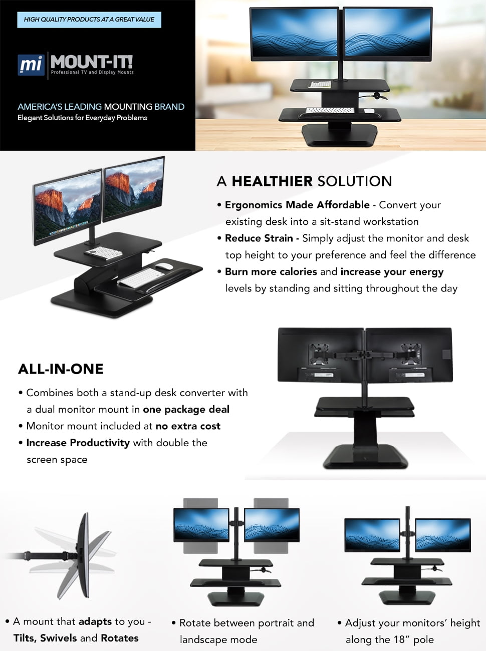 Mount-It! Sit Stand Standing Desk Converter with Dual Monitor Mount Combo Black
