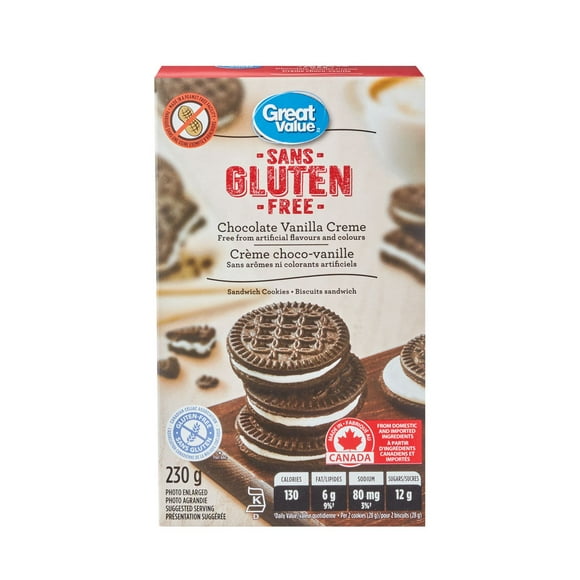 Biscuits sandwichs crème choco-vanille sans gluten de Great Value 230 g