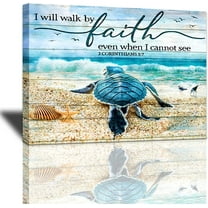 Scripture Holy Bible Wall Art Teal Sea Turtle Walk by Faith Canvas Print Quotes Framed Artwork Blue Ocean Beach Coast Scenery Poster Motivational Animal Large Wooden Wall Décor, 16 x 12 in