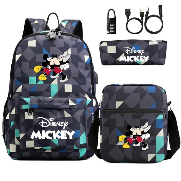 New Mickey Minnie Mouse 3Pcs USB Anti-theft Lock Boy Girl Kids School Book Bags Travel Backpack Shoulder Bag Pen Bag