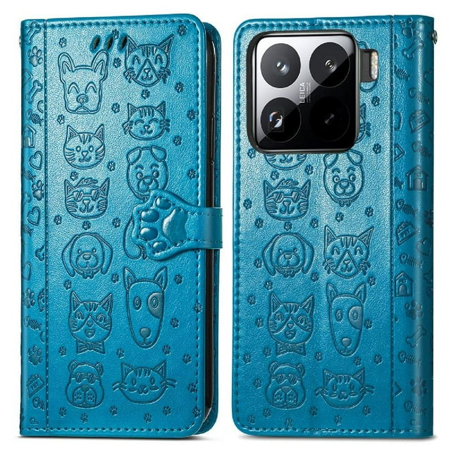 Funda Cartera FOXDOCK para Xiaomi 15 , Flip PU con Relieve de Gatos y Perros, Tarjetero y Soporte