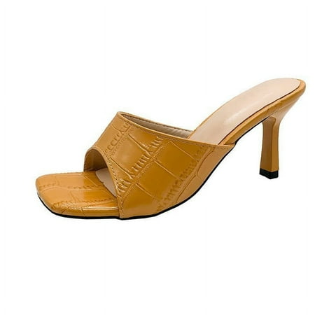 

Popular Summer New Arrival One-Word Rhombic French Sandals and Slippers Women‘s Outfit Square Heel High Heels Stiletto Heel Half-Shoe Sandals