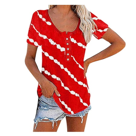

Tops bohemios para mujer camiseta de manga corta cuello redondo blusas moda túnica informal para citas M3-Red Small