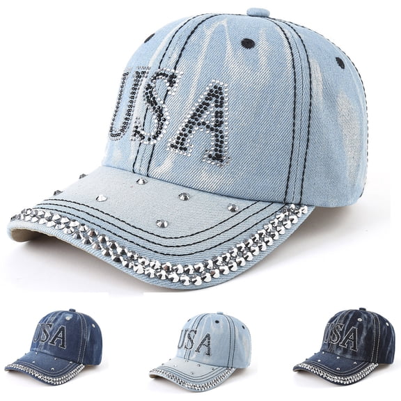KANG Fashion Sun Hats for Women, 4th of July Outfits, USA Letter Washed Denim Baseball Cap, Unisex Lightweight Breathable Sun Protection Hat for Summer Activities Light Blue