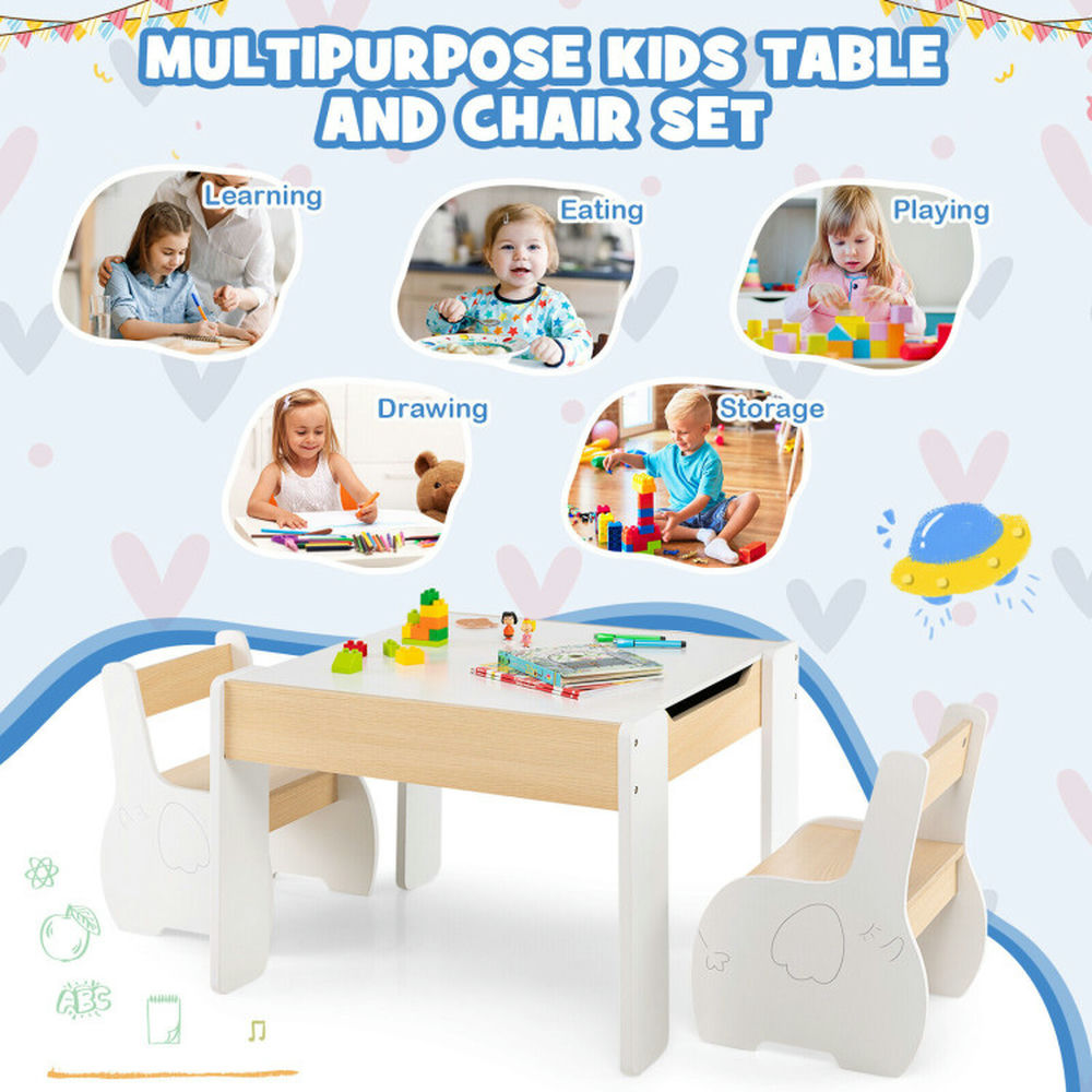 Canddidliike 4-in-1 Wooden Activity Kids Table and Chairs with Storage and Detachable Blackboard-White, Kids Table for Arts & Crafts, Snack Time, Homeschooling, Homework