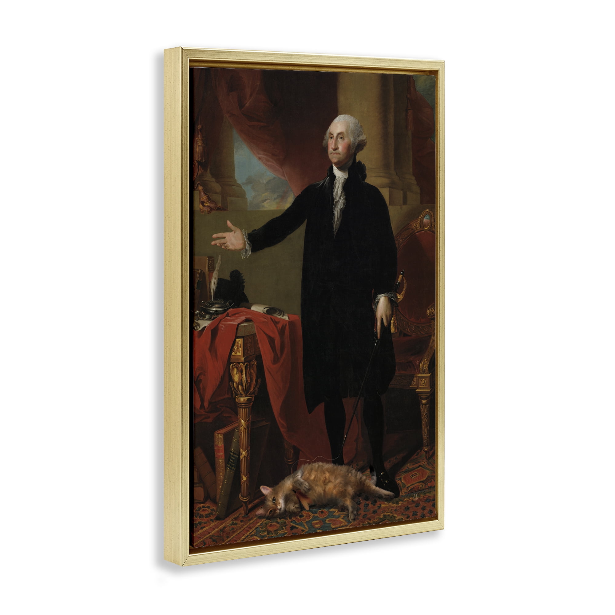Stupell Industries Purrsuit Of Liberty Historical Cat Gold Framed Floater Canvas Wall Art, design by Sarah Adams