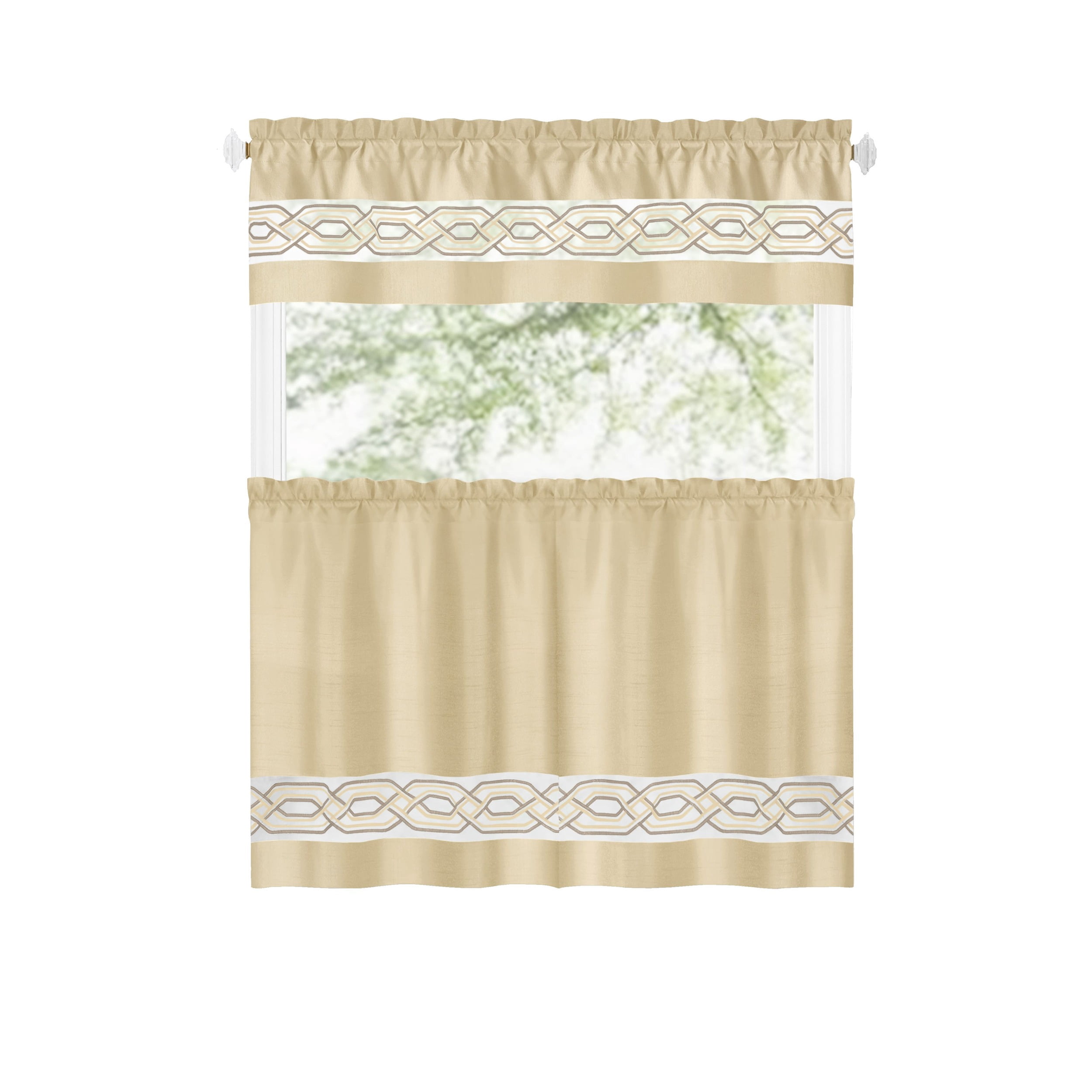 Achim Paige Rod Pocket Light Filtering Tier and Valance Curtain Set, Tan, 55" x 36"