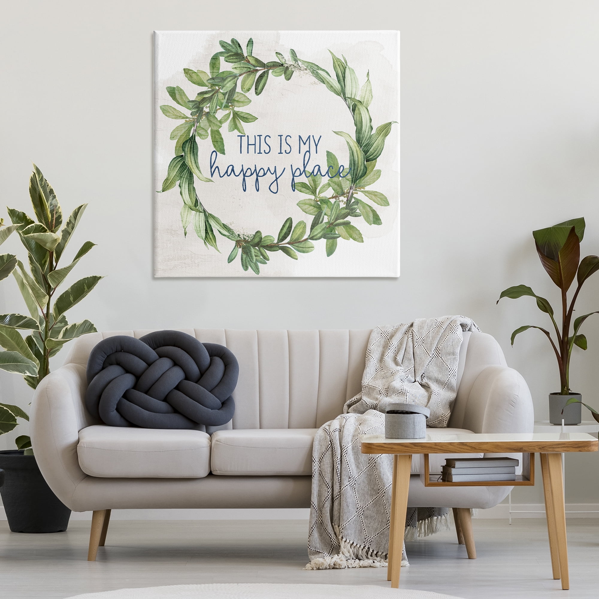 Stupell Industries Happy Place Wreath Plants & Flowers Painting Wrapped Canvas Art Print Wall Art, 36 x 36