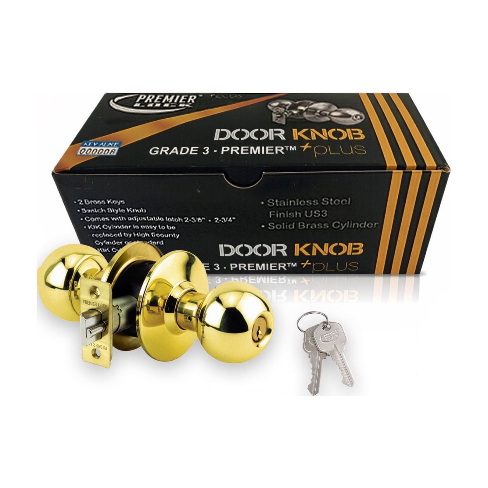 Brass Finish Grade 3 Keyed Storeroom Door Knob With 2 KW1 Keys - Boxed Keyed Alike