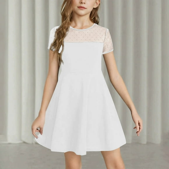 Girls Dresses Cute Solid Color Mesh Stitching Summer Short Everyday Dress for Girls - for and Casual Outings