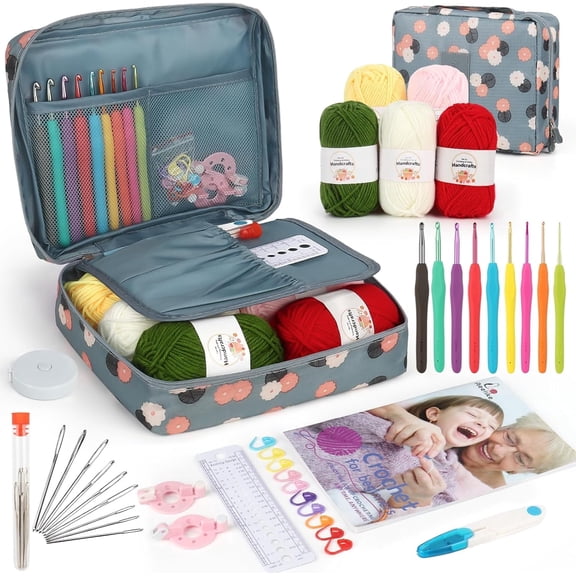 Mikhai Crochet Kit for Beginners with Yarn and Introduction Book, Crochet Starter Kit Everything for Ages 8-12, Learn to Crochet Kit with Ergonomic Soft Grip Crochet Hooks and Blue Flower Bag