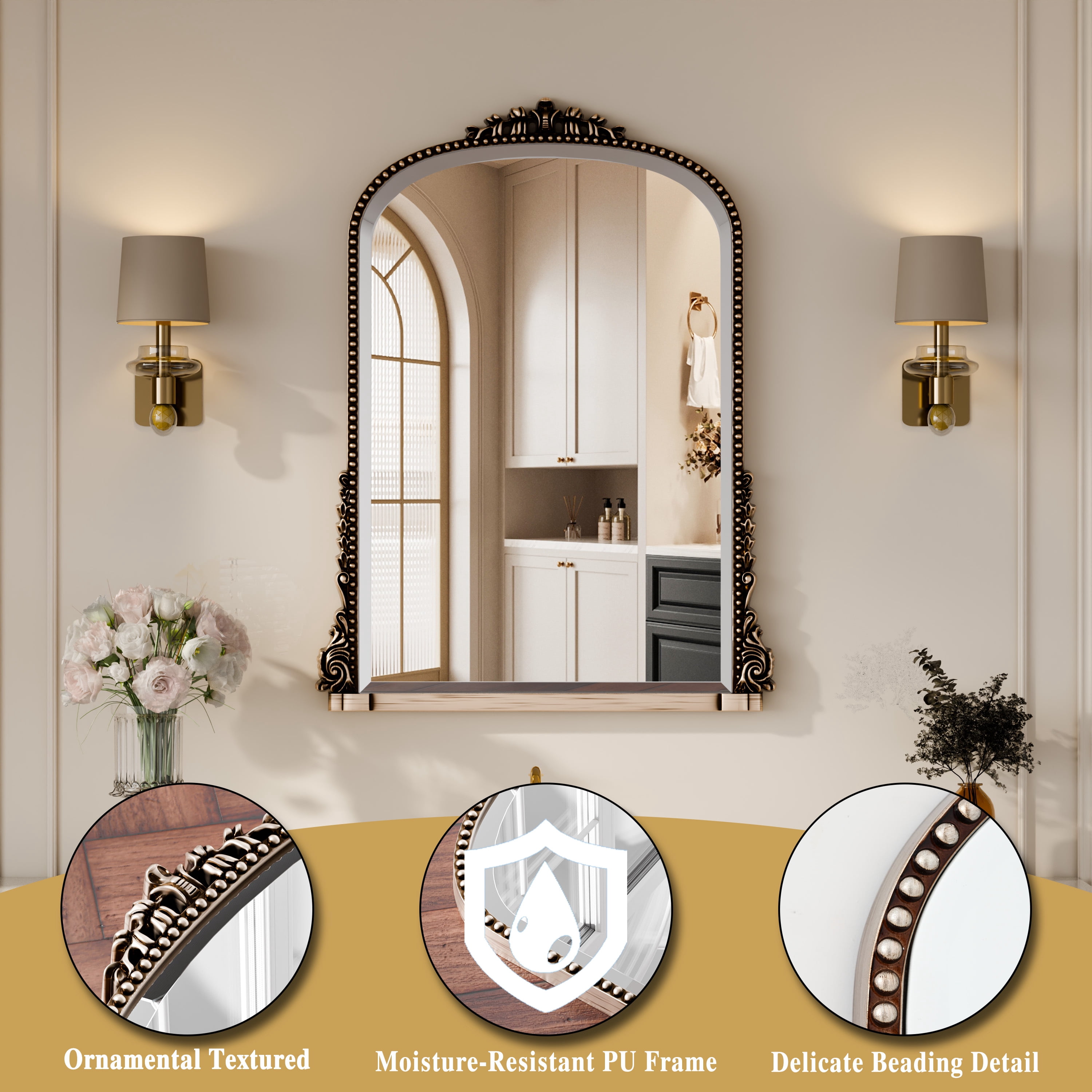 Puremirror 24"x32" Antique Arched Bathroom Mirror Wall Mounted Vintage Mirror, Silver