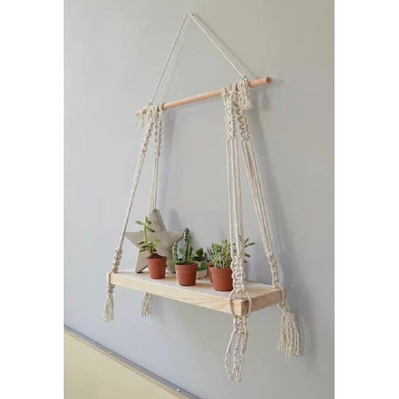 FineArt Wall Hanging Shelf Wood Floating Boho Shelves with Wooden Dowel Modern Chic Hand Woven Art Decor for Apartment Dorm Bedroom Living Room Nursery Beige 55 x 43 cm