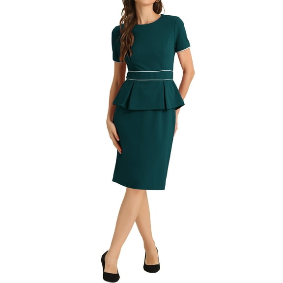 INSPIRE CHIC Women's Crew Neck Peplum Contrast Trim Short Sleeve Wear-to-Work Bodycon Sheath Dress XL Blue Green