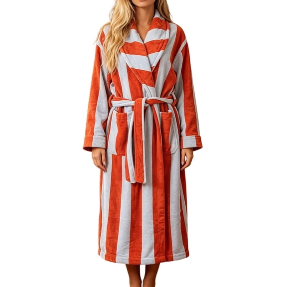 Virmaxy Striped Plush Bathrobe Women Long Sleeve Fleece Robe with Pockets Belted Housecoat Warm Winter Spa Loungewear Dressing Gown Red