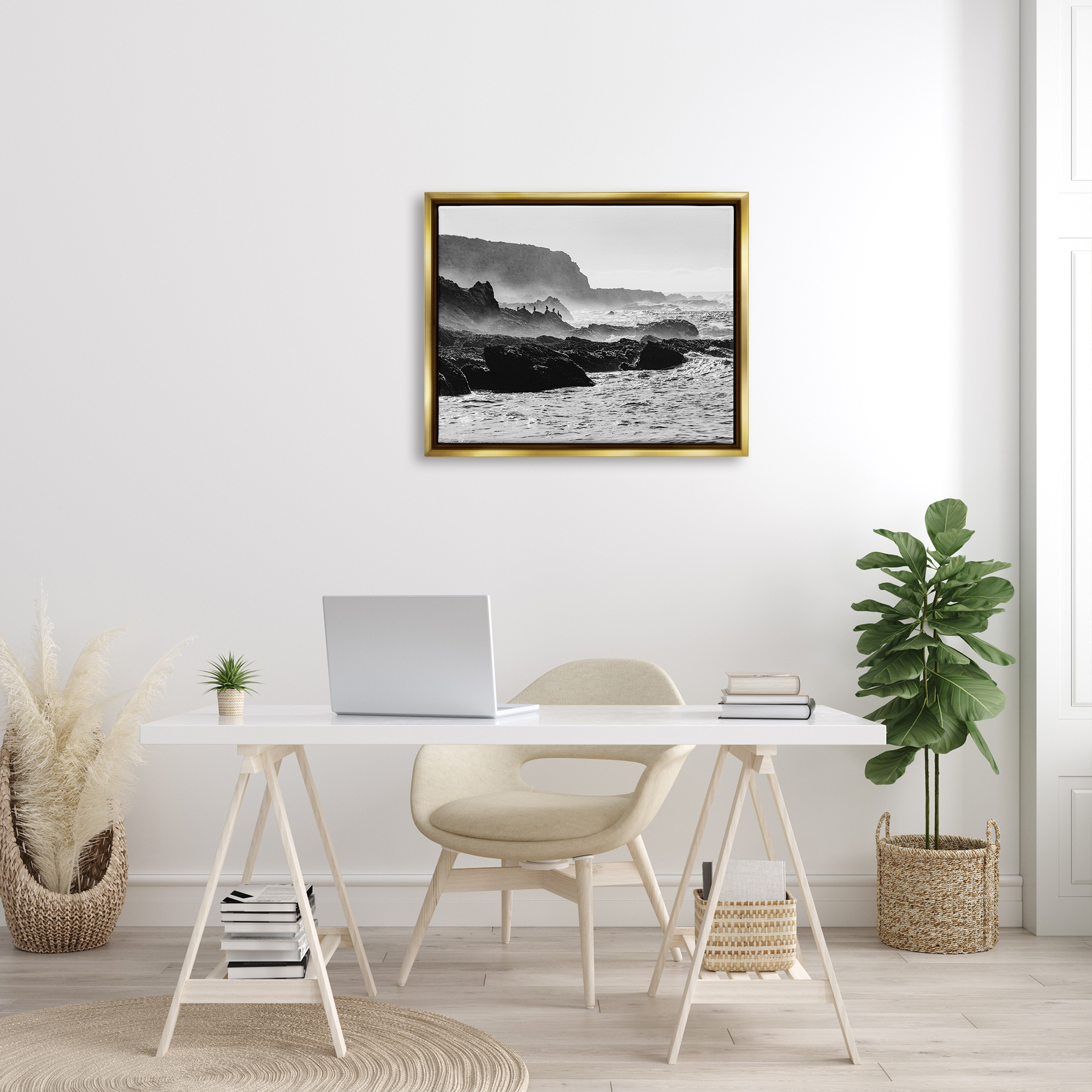 Stupell Industries Rocky Ocean Shoreline Waves Distant Birds Perched Photograph Metallic Gold Floating Framed Canvas Print Wall Art, Design by Steve Smith