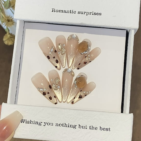 CZ Shiny Glitter Handmade Press on Nails for Women Prom Party Pageant Long Stiletto Leopard Fake Nails