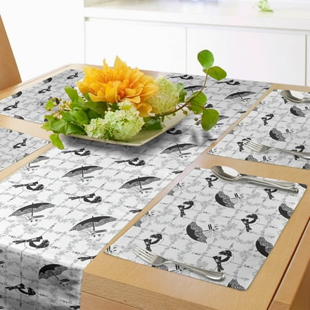

Vintage Table Runner & Placemats Women Fashion Themed Elements Retro Style Hats Gloves Umbrella and Shoes Set for Dining Table Placemat 4 pcs + Runner 16 x72 Black Pale Grey White by Ambesonne