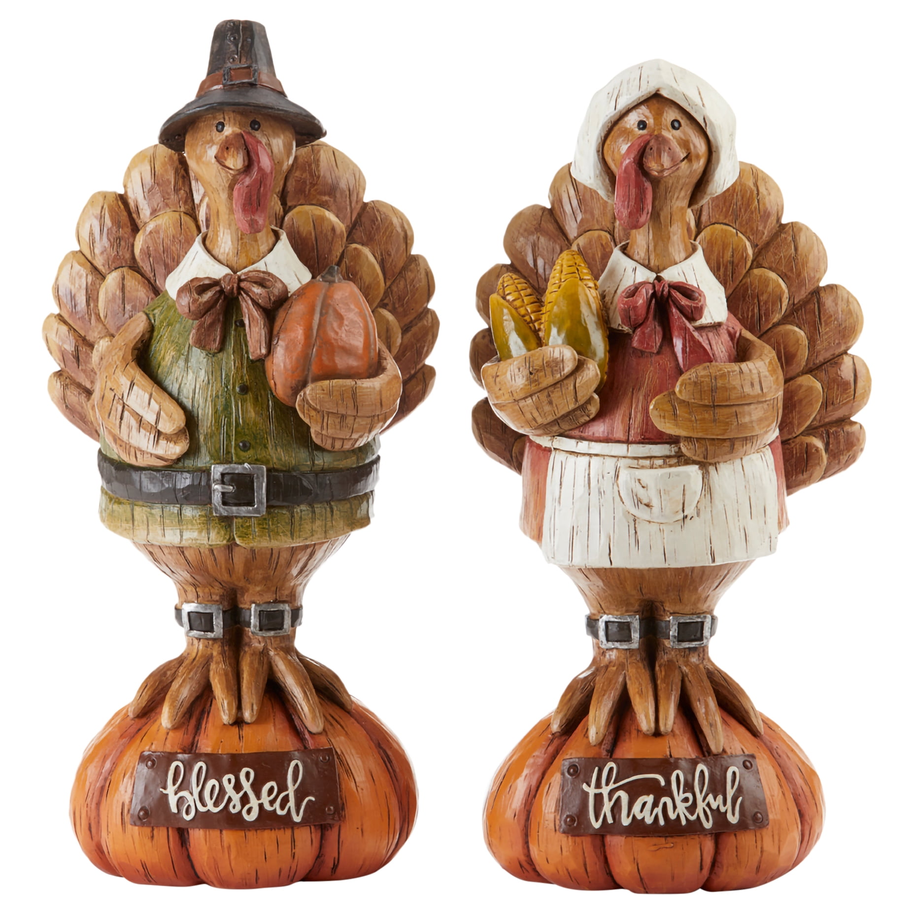 Turkey Pilgrim Pumpkin Brown 12 inch Resin Stone Thanksgiving Figurines
