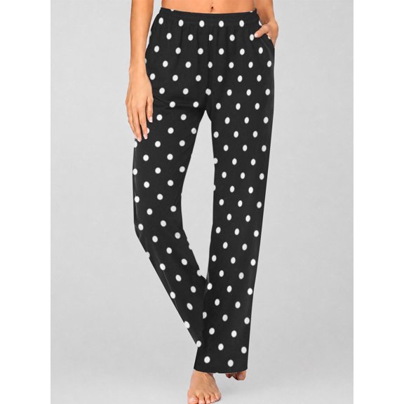 Women's Pajama Pants with Pockets, Black And White Polka Soft Breathable Lounge Pants