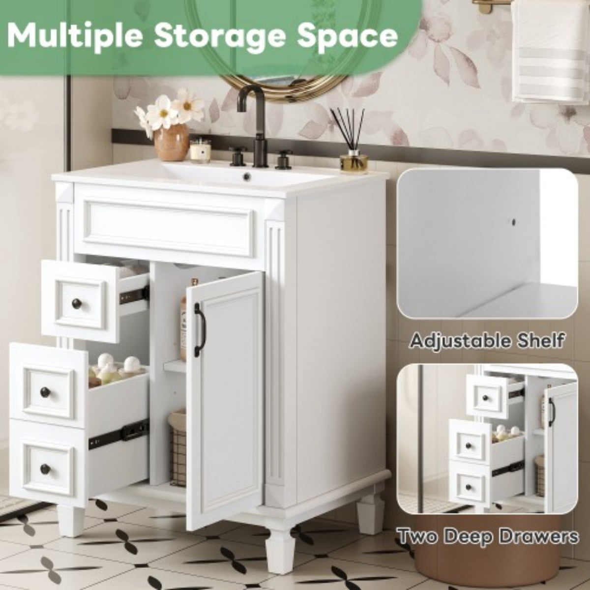 24" Bathroom Vanity with Ceramic Sink, Small Bathroom Vanity Cabinet with 2 Drawers, Adjustable Shelf, Soft-Close Door, White