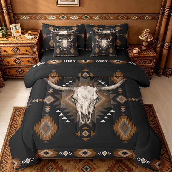 jejeloiu Aztec Geometric Print 7-Piece Twin Bedding Sets Kids,Rustic Bull Skull Pattern Bedding Comforter SetFor Men,Reversible