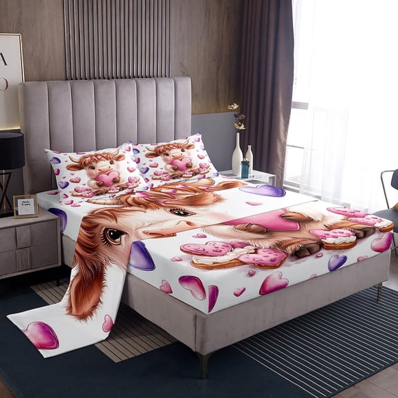 Erosebridal Cartoon Highland Bull Twin Sheet Sets, Pink Purple Love Heart Print Bedding Twin Size 3-Piece