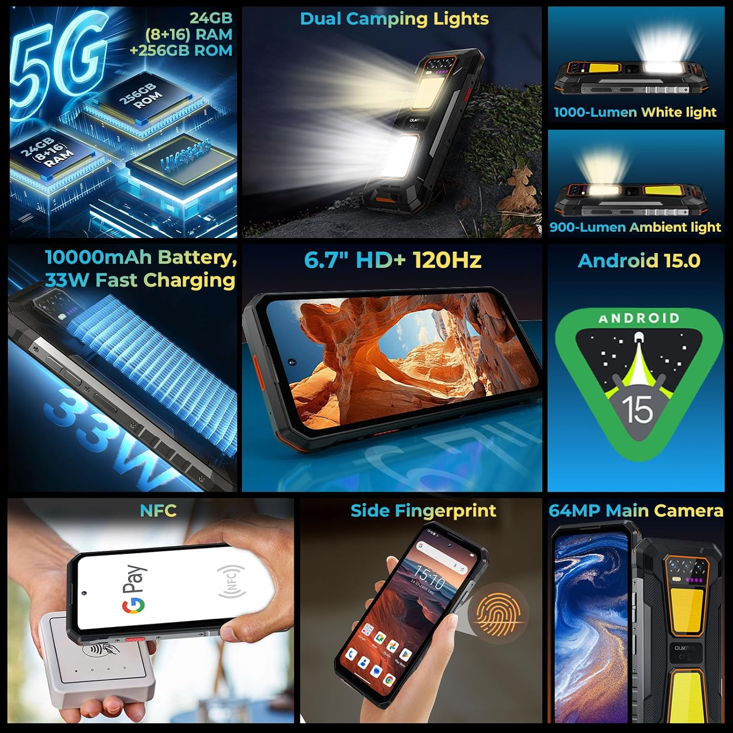 OUKITEL WP58 PRO Rugged Smartphone Unlocked 5G, 24GB+256GB/1TB, 10000mAh Battery , Android 15 Dual Camping Lights, 6.7"120Hz Display ,64MP+8MP Camera, IP68 Waterproof, 5G Dual SIM/NFC/GPS/OTG Black