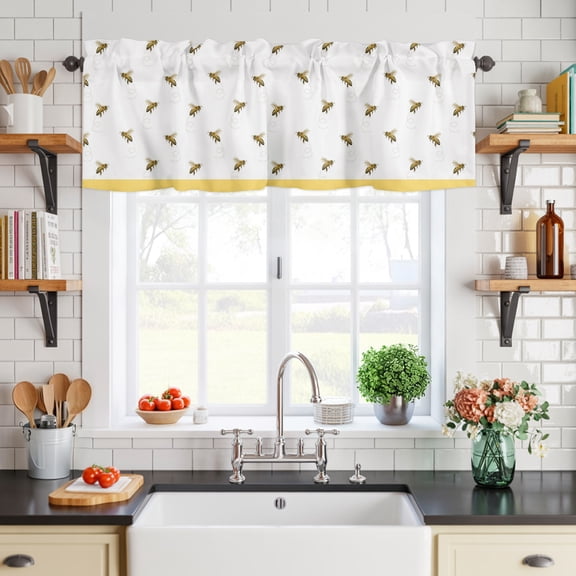 Curtain Valance for Windows Farm Honey Bee Swirling Yellow Short Rod Pocket Kitchen Valances Blackout Curtains Rustic Seamless Insects Window Treatment for Living Room Bathroom Bedroom,54"x18"