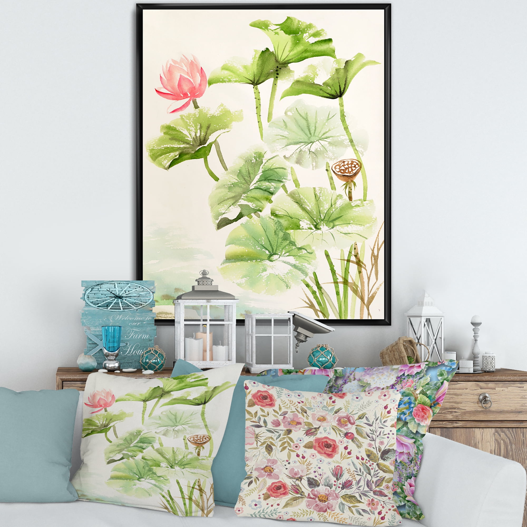 Designart 'Ancient Pink Lotuses In The Pond IV' Traditional Framed Canvas Wall Art Print