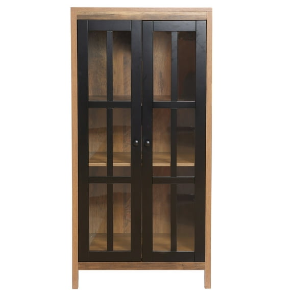LuxenHome Natural Wood Glass 2-Door Accent Cabinet