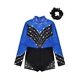 thumbnail image 5 of inlzdz Girls Shiny Long Sleeve Shorty Jumpsuit Gymnastics Ballet Dance Leotard Athletic Bodysuit Royal Blue&Black 12, 5 of 7